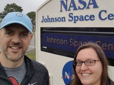 Mario Banchero is taking a selfie with his tour guide at the NASA Johnson Space Centre board.